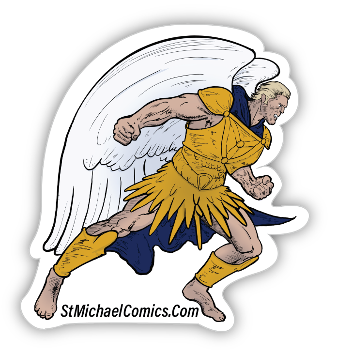 Saint Michael the Archangel charging into the enemy, die-cut vinyl sticker
