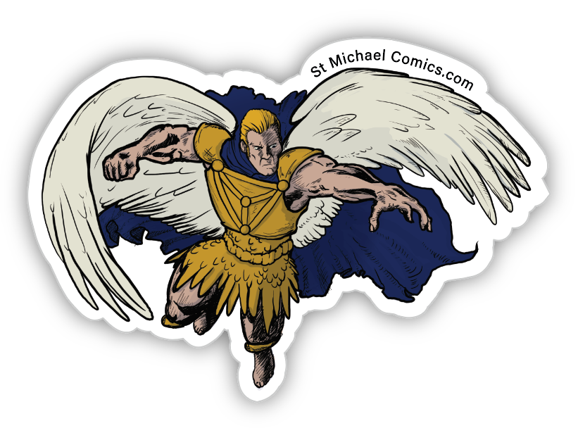 Saint Michael the Archangel diving downward with sword drawn, die-cut vinyl sticker