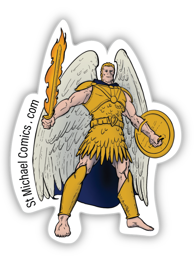 Saint Michael the Archangel standing with a flaming sword, die-cut vinyl sticker