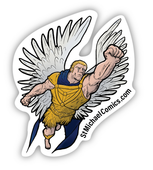 Saint Michael the Archangel soaring with wings spread, die-cut vinyl sticker