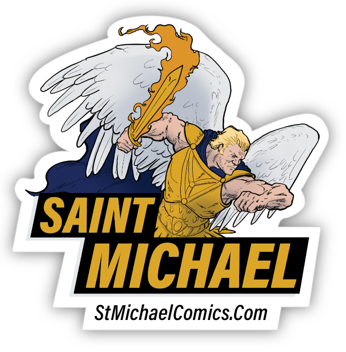 Saint Michael the Archangel going into battle with sword raised, with the words Saint Michael, die-cut vinyl sticker