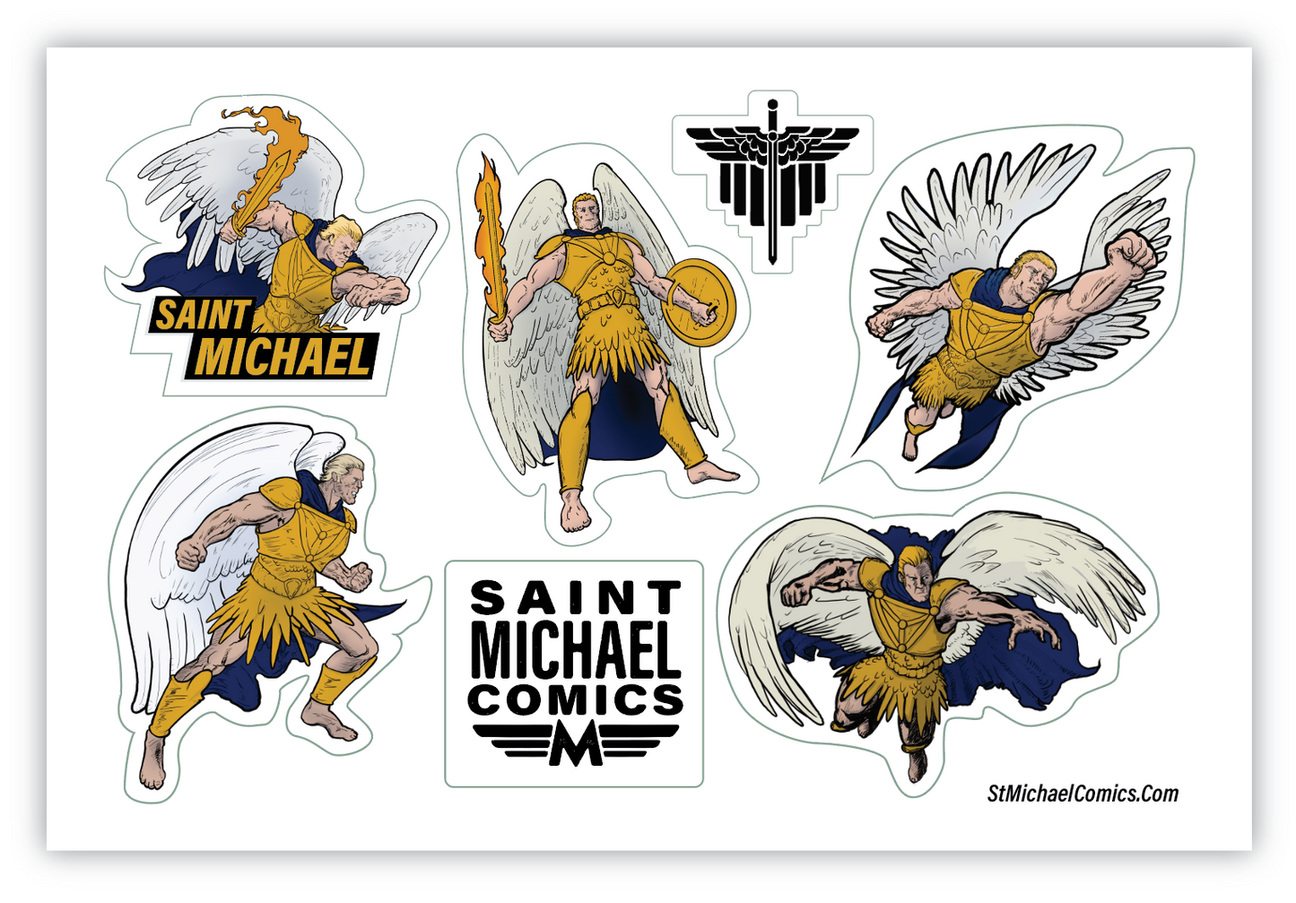Sticker sheet of Saint Michael the Archangel designs, 4 by 6 inches