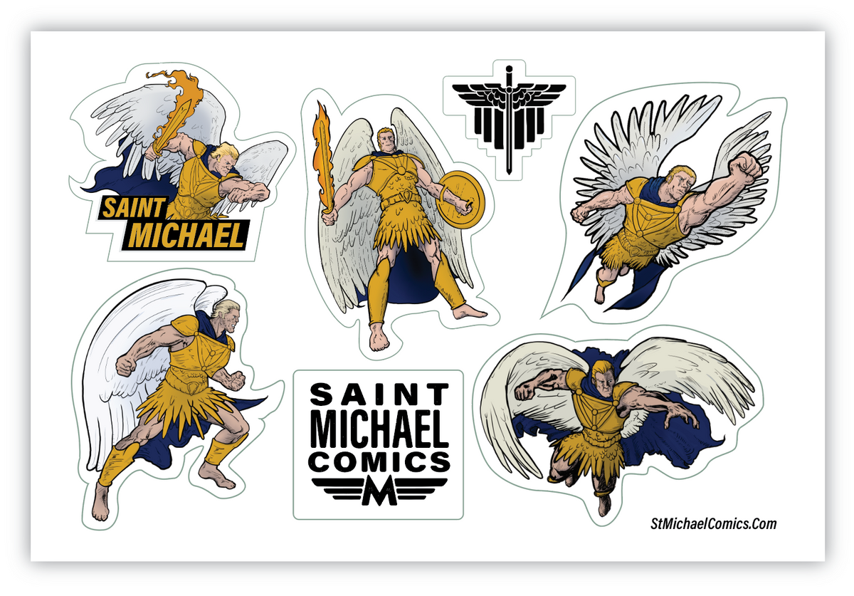 Sticker sheet of Saint Michael the Archangel designs, 4 by 6 inches