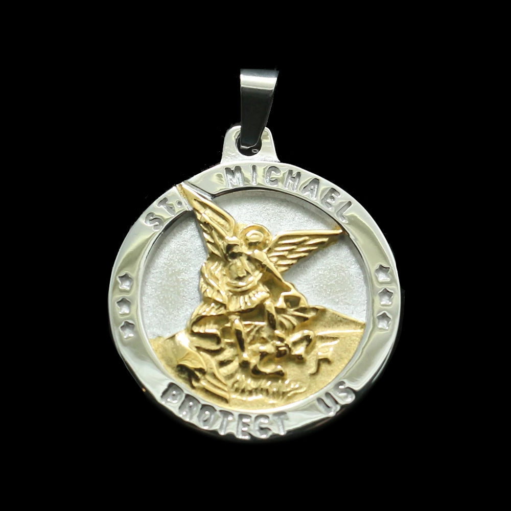 Stainless Steel St. Michael Medal for Men - Gold and Black
