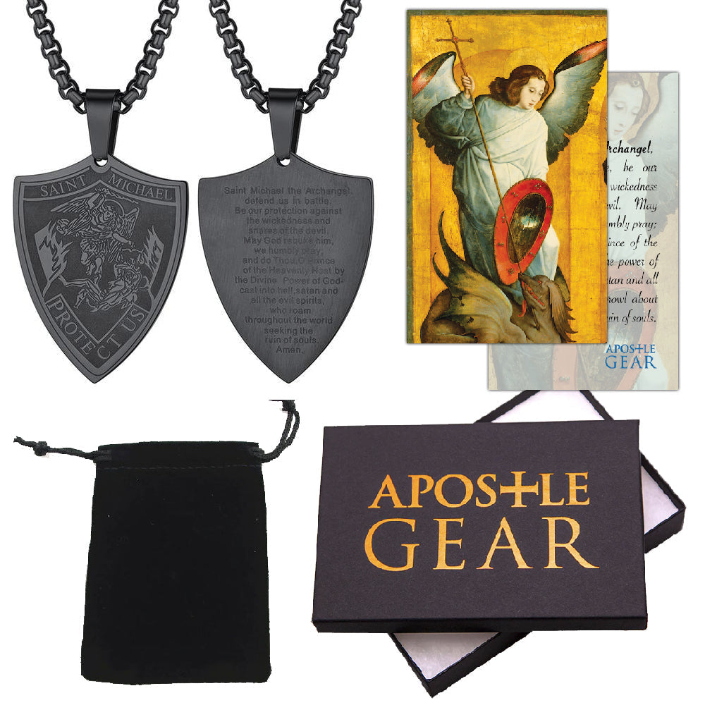 Gunmetal-Plated St. Michael the Archangel Shield Necklace