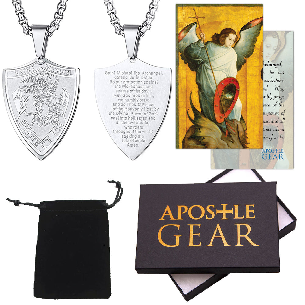 Stainless Steel St. Michael the Archangel Shield Necklace
