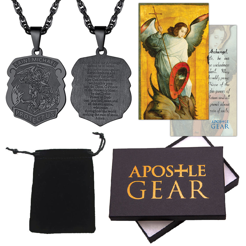 Gunmetal-Plated St. Michael the Archangel Badge Necklace