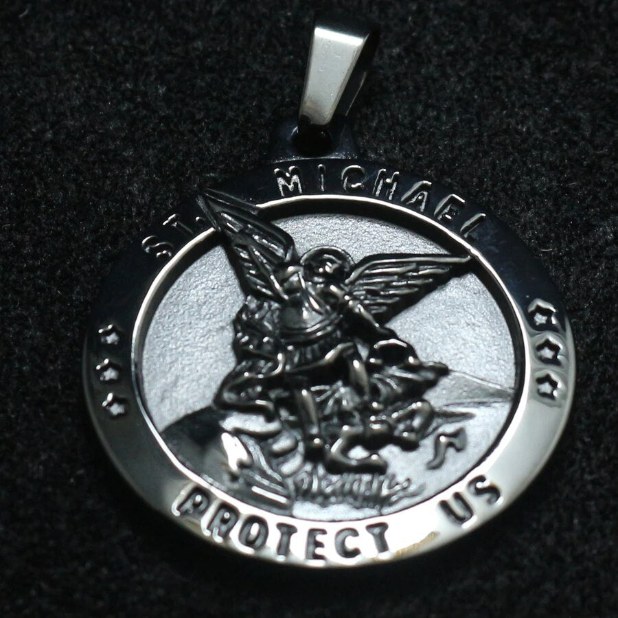 Stainless Steel St. Michael Medal for Men - Gunmetal Black