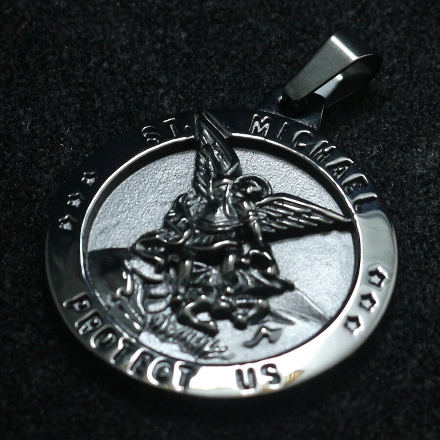 Stainless Steel St. Michael Medal for Men - Gunmetal Black